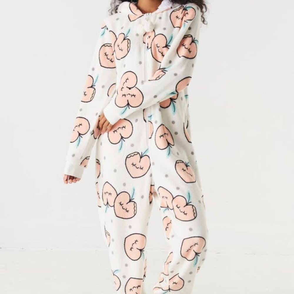 Weekend Edition Women's Soft Plush Printed Peach Sherpa Lined Hooded Onesie